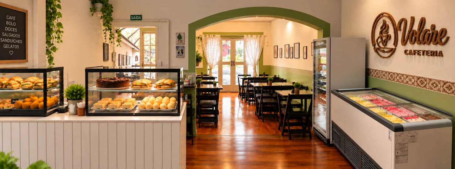 Ambiente acolhedor da Volare Cafeteria