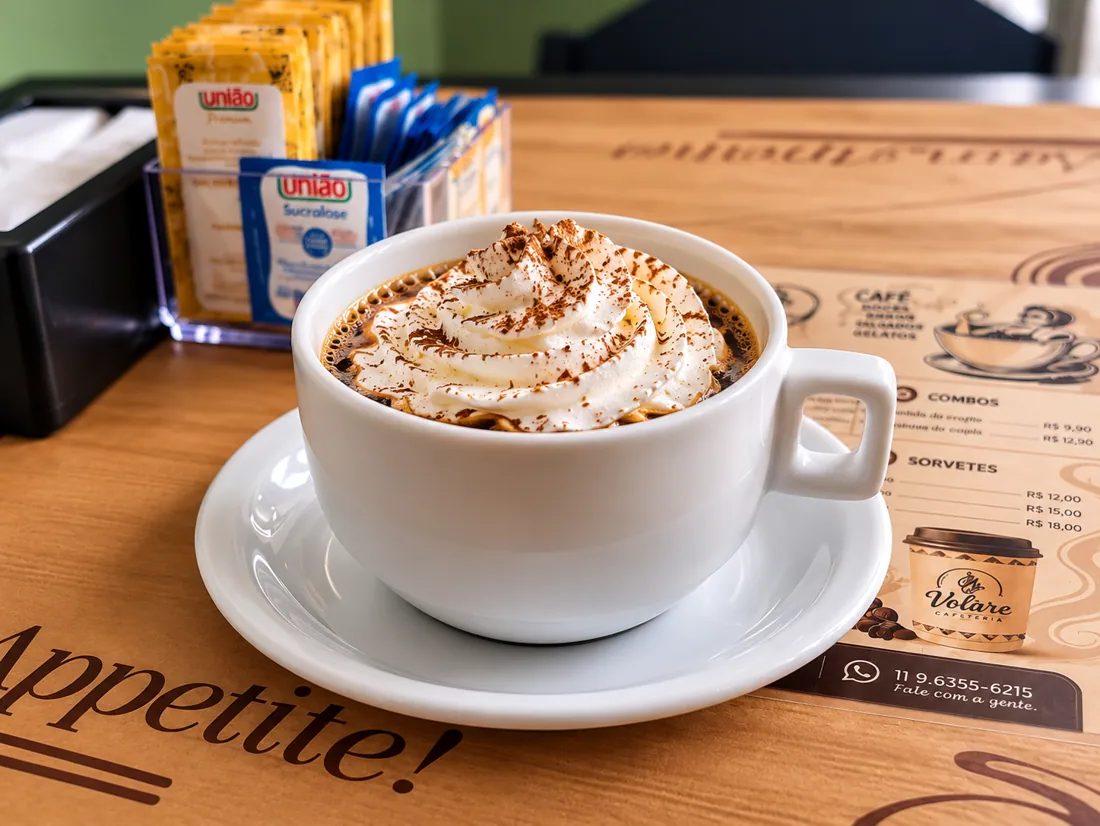 Café com chantilly na Volare Cafeteria