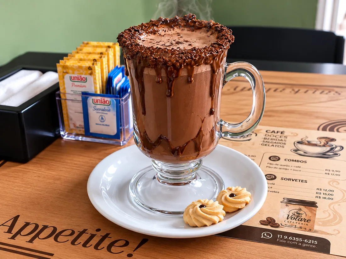 Chocolate com creme de avelã na Volare Cafeteria
