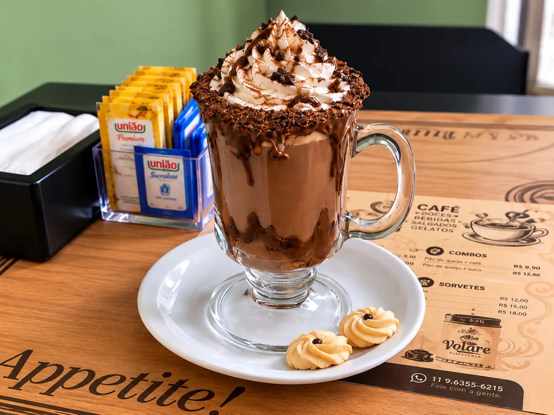 Chocolate com avelã e chantilly na Volare Cafeteria
