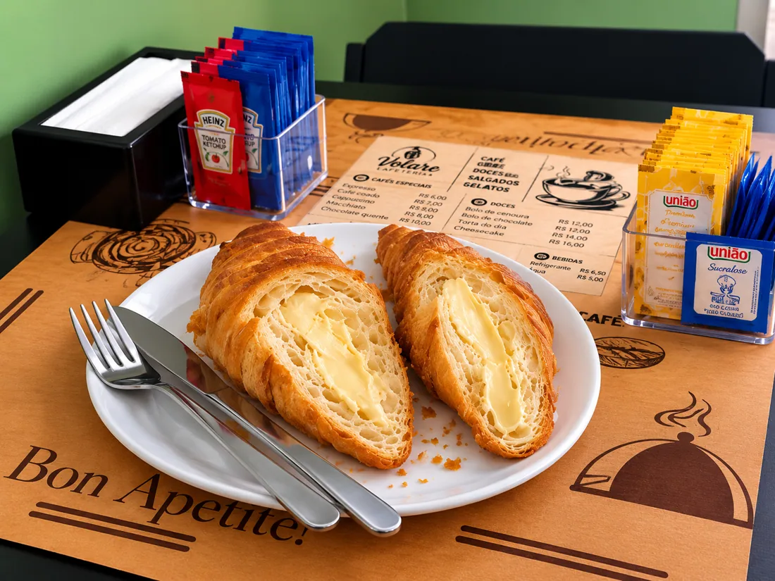Croissant amanteigado na Volare Cafeteria